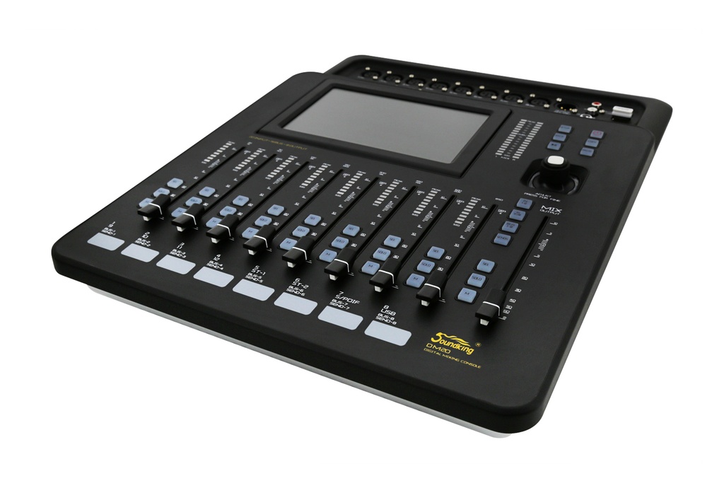 MEZCLADORA DIGITAL SOUNDKING, (CONSOLA) 16 ENTRADAS XLR, 8 SALIDAS XLR, PANTALLA 7", FX DSP, INTERFACE MULTITRACK, USB-B, LAN, 9 FADERS MOTORIZADOS (copia)