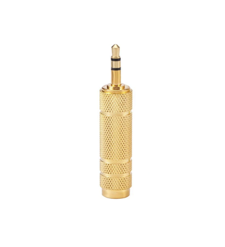 ADAPTADOR ALCTRON, DE PLUG 1/4 HEMBRA STEREO A PLUG 3.5MM MACHO STEREO, METALICO, DORADO