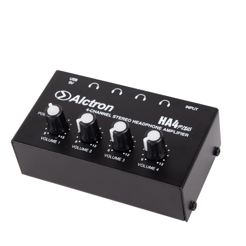 AMPLIFICADOR DE AUDIFONOS ALCTRON, 4 SALIDAS, ACERO NEGRO, CONECTOR USB