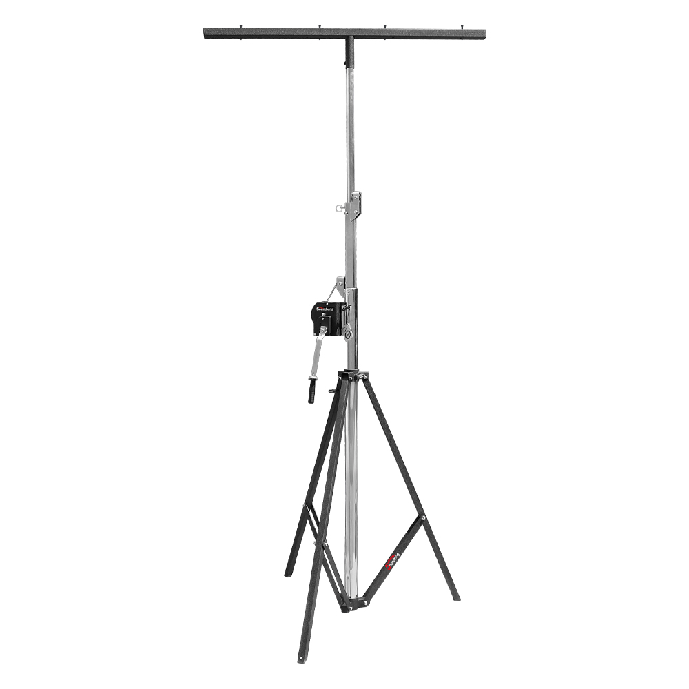 PEDESTAL PARA LUCES SOUNDKING, 1 SOPORTE SUPERIOR, CON MANIVELA, BASE TIPO TRIPIÉ NEGRO, BARRA ALUMINIO  COLOR PLATEADO